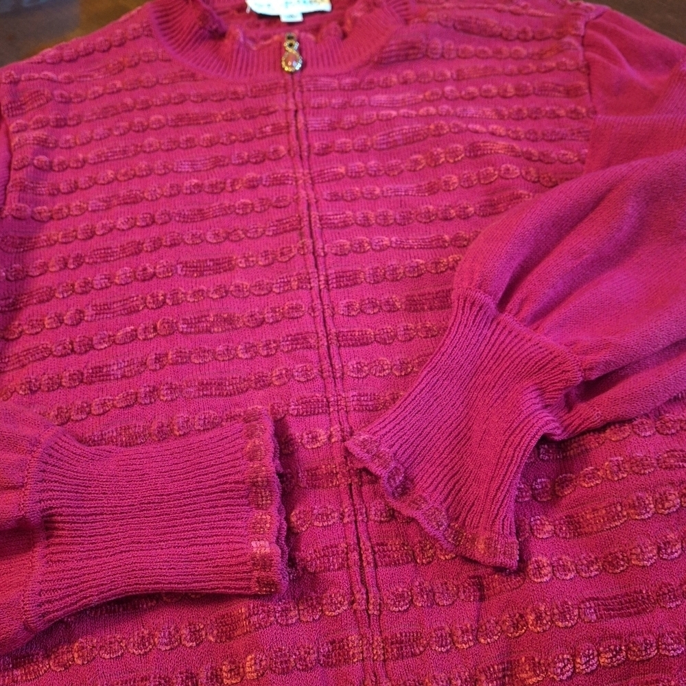 St. John Collection Red Knit Full Zip Long Sleeve Cardigan Sweater Women Size 14 - Picture 12 of 16
